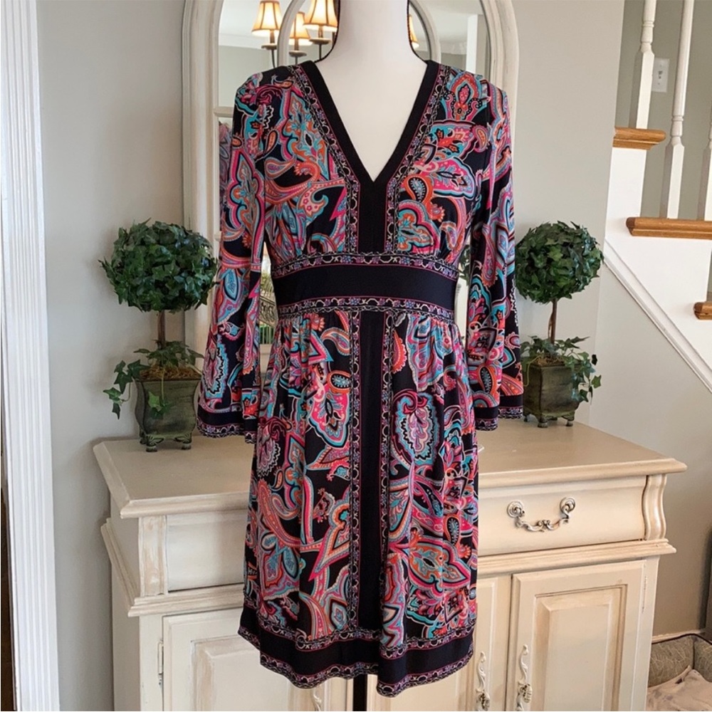 INC International Concepts Black Multicolor Paisley Long Sleeve Dress